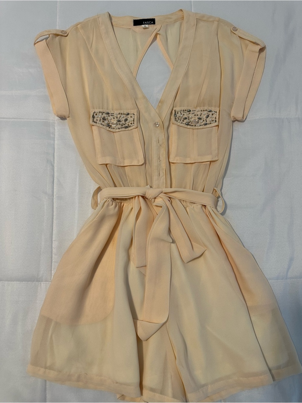 FAISCA Cream Belted Romper with Embellished Pockets